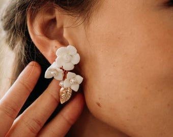 Flower Bridal Earrings | Statement Wedding Earrings | Floral Earrings for Bride | Garden Wedding Earrings | White Clay Flower Earrings | Mia