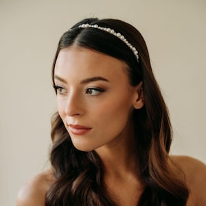 Thin Pearl Headband | Bridal Headband with Freshwater Pearls | Dainty Wedding Headband | Pearl Hairpiece for Bride | Evia