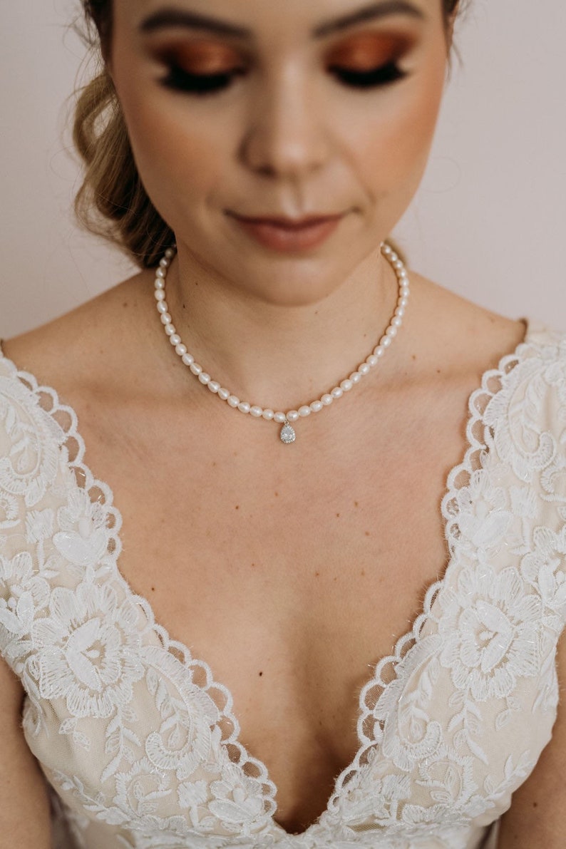 Pearl and Crystal Bridal Necklace Pearl Bridesmaid Necklace Pearl Crystal Wedding Necklace Freshwater Pearl Necklace Carmen Necklace image 1