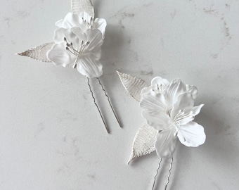 Silver Leaf Hair Pin | White Flower Hair Pin | Bridal Hair Pins | Wedding Hair Pins | Hair Pin | Leaf Hair Pin | Boho Hair Pin  Sample