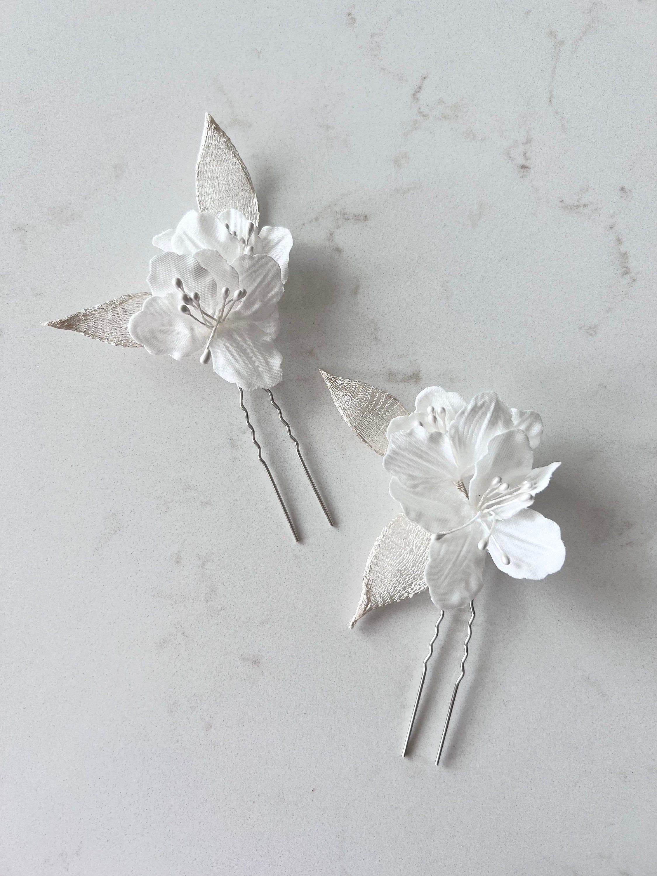 Silver Leaf Hair Pin | White Flower Hair Pin | Bridal Hair 