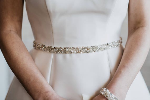 Pearl Bridal Belt | Crystal Wedding Dress Sash | Thin  display picture 2