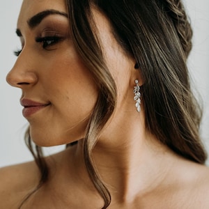 Crystal Leaf Dangle Earrings | Bridal Drop Earrings | CZ Statement Wedding Earrings, Crystal Leaf Bridal Earrings | CZ Bridal Earrings Nadia