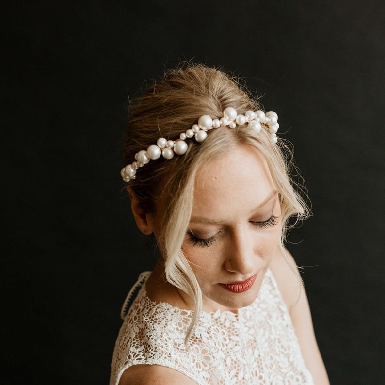 Gold Pearl Bridal Headband Pearl Statement Wedding Headband Pearl Bridal Headpiece Bridal Hair Jewelry Pearl Crown Hairpiece Palmer image 1