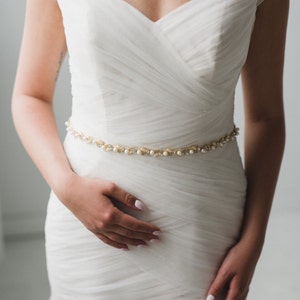 Pearl Wedding Belt | Pearl and Gold Bridal Sash Belt | Thin Pearl Rhinestone Wedding Dress Belt | Gold Phoebe Sash