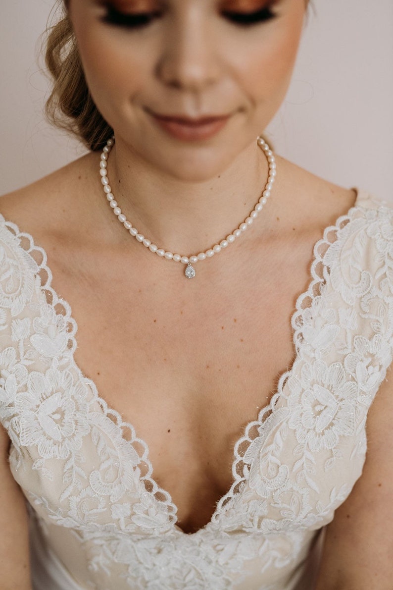 Pearl and Crystal Bridal Necklace Pearl Bridesmaid Necklace Pearl Crystal Wedding Necklace Freshwater Pearl Necklace Carmen Necklace image 2