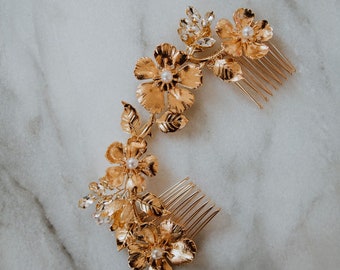 Gold Bridal Headpiece | Gold Flower Hairpiece | Flower Hair Combs | Floral Hair Vine | Gold Wedding Headpiece | Boho Hairpiece | Fleur