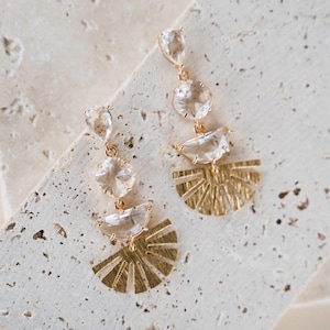 Long Crystal Wedding Earrings | Crystal Bridal Drop Earrings | Gold Fan Drop Earrings | Art Deco Drop Earrings | Sample
