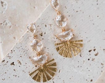 Lange Kristall Hochzeit Ohrringe | Kristall Braut Tropfen Ohrringe | Gold Fächer Ohrringe | Art Deco Tropfen Ohrringe | Probestück