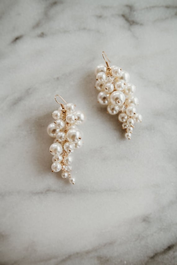 Pearl Bridal Stud Earrings Pearl and Gold Cluster Pave Wedding Earrings Pearl Bridesmaid Earrings Vintage Boho Bride Gift Phaedra Earrings
