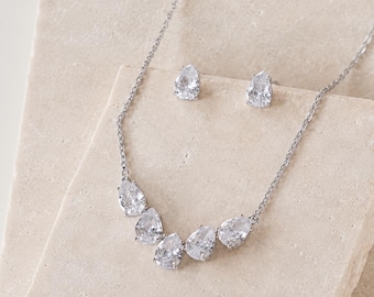 Crystal Bridal Jewelry Set | Necklace and Earring Set for Bride | Pendant Necklace and Earrings | Silver Wedding Jewelry Bruges