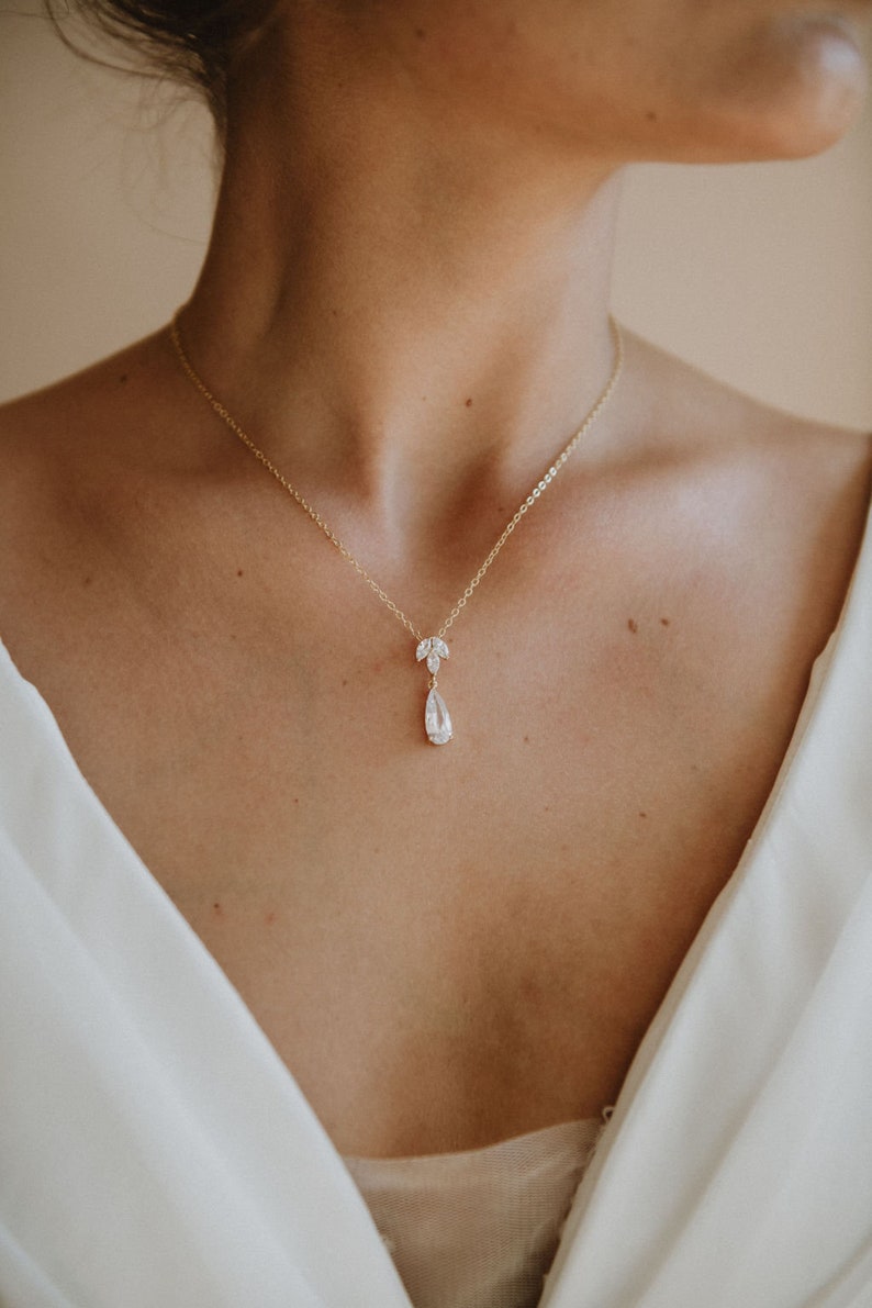 Gold Bridal Necklace Crystal Wedding Necklace Gold Leaf Pendant Necklace Bridesmaid Necklace Bridesmaid Gift Eilat Necklace image 1