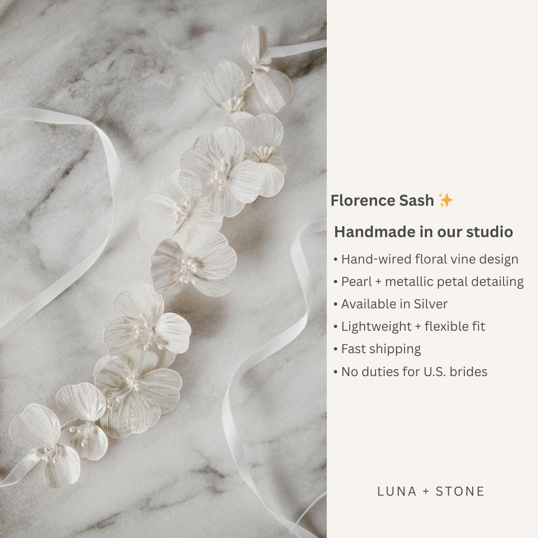 Floral Silver Pearl Bridal Sash | Florence - Etsy Israel display picture 1