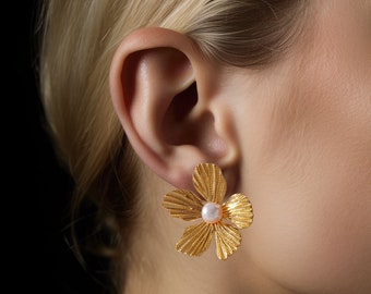 Gold Flower Earrings | Statement Flower Earrings | Gold Flower and Pearl Stud Earrings | Mae