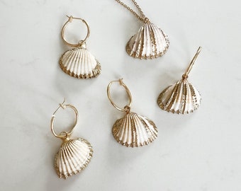Gold Seashell Earrings | Real Seashell Shell Drop Earrings | Gold Seashell Bridal Wedding Earrings | Shell Earrings Necklace and Earring Set