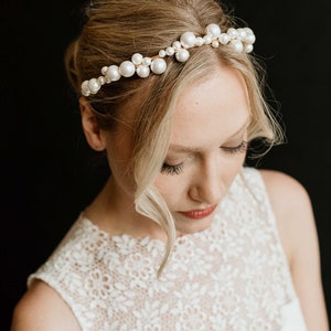 Gold Pearl Bridal Headband Pearl Statement Wedding Headband Pearl Bridal Headpiece Bridal Hair Jewelry Pearl Crown Hairpiece Palmer image 2