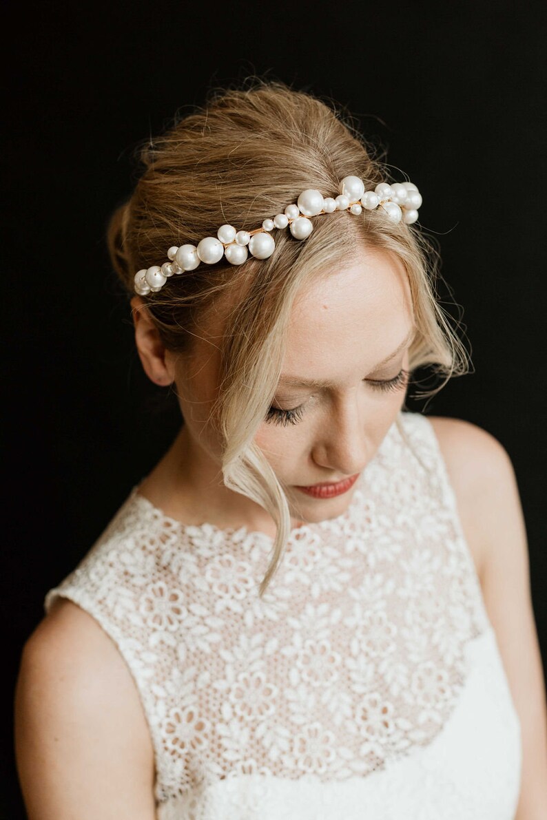 Gold Pearl Bridal Headband Pearl Statement Wedding Headband Pearl Bridal Headpiece Bridal Hair Jewelry Pearl Crown Hairpiece Palmer image 2