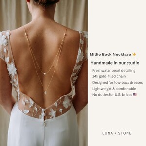Gold Pearl Back Necklace for Bride – Bridal Back Drop Necklace, Pearl Wedding Jewelry for Low Back Dress Millie image 3
