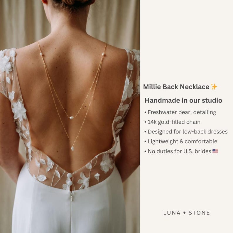 Gold Pearl Back Necklace for Bride – Bridal Back Drop Necklace, Pearl Wedding Jewelry for Low Back Dress Millie image 3