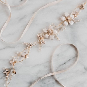 Gold Floral Bridal Sash: Pearl Wedding Dress Belt, Boho Flower Vine Kate