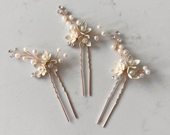 Gold Flower Hairpins | Gold Floral Hair Pins | Small Ivory Flower Hair Accessories | Boho Hair Pins | Sample Hair Pin Set 50%