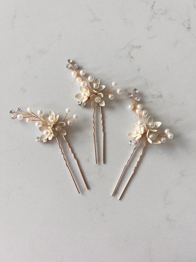 Gold Flower Hairpins Gold Floral Hair Pins Small Ivory Flower Hair Accessories Boho Hair Pins Sample Hair Pin Set 50% image 1