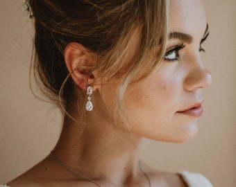 Silver Crystal Drop Wedding Earrings | Dangle CZ Cubic Zirconia Bridal Earrings | Simple Bride Earrings | Minimalist Wedding Earrings | Lola