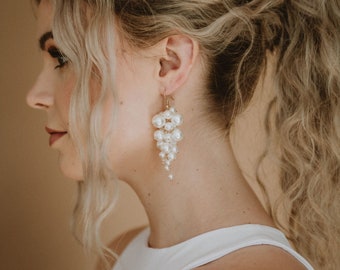 Statement Earrings | Pearl Cluster Earrings | Long Dangle Tassel Earrings | Bridal Chandelier Earrings | Ivory Pearl Drop Earrings Valencia
