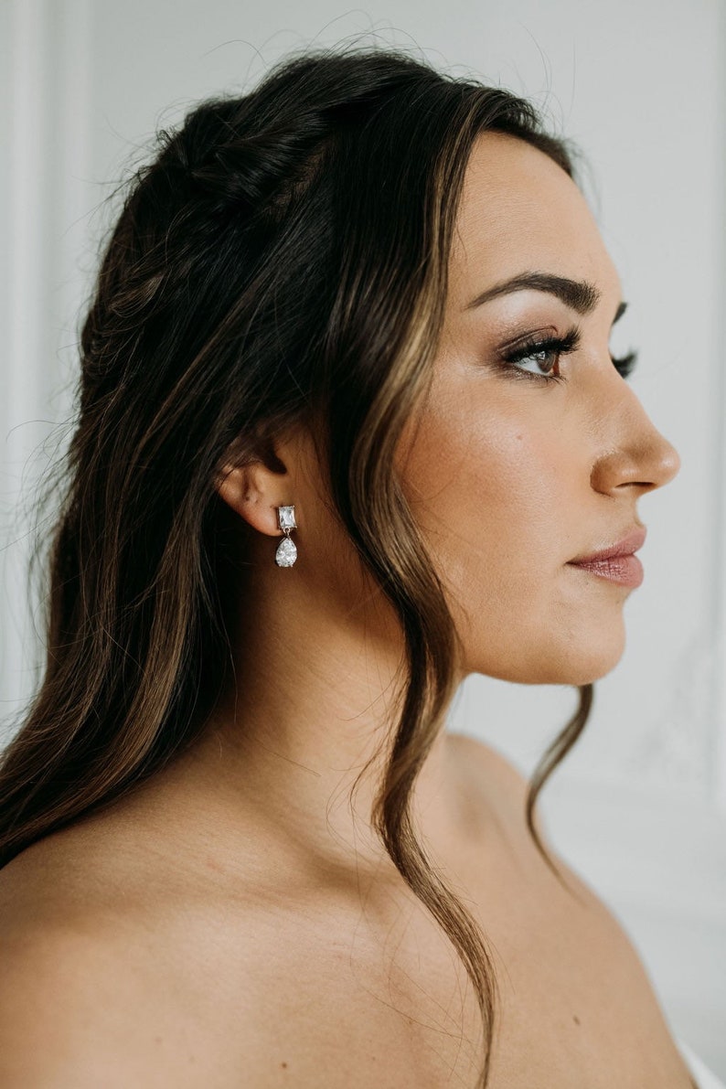 Silver Crystal Drop Wedding Earrings Zircon Earrings Crystal Bridal Earrings Wedding Drop CZ Diamond Earrings CZ Earrings Cecily image 3