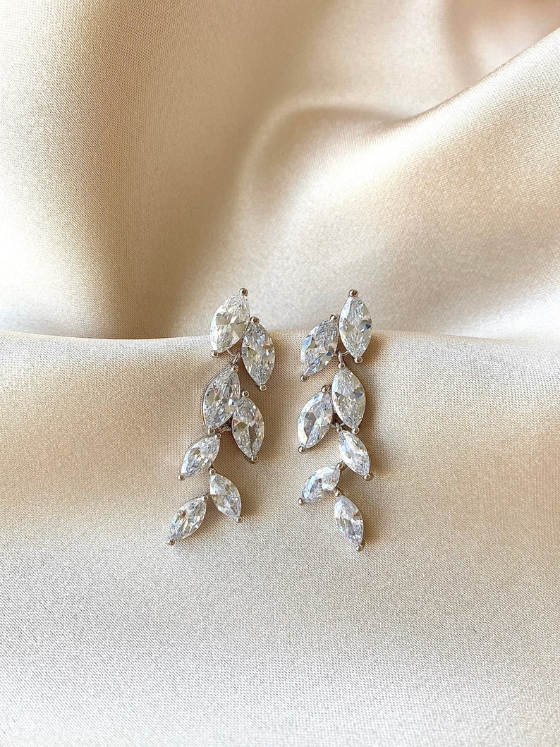 Crystal Leaf Earrings Leaf Earrings Silver Crystal Bridal Earrings Crystal Dangle Earrings CZ Diamond Wedding Drop Earrings Isla image 1