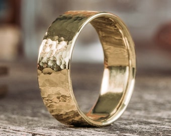 7mm & 8mm Hammered 14k Yellow Gold Men's Wedding Band - The Marsh - Rustic and Main