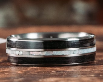 Whiskey Barrel & Mother of Pearl Men's Wedding Band - The Black Pearl Titanium Ring - Rustic and Main