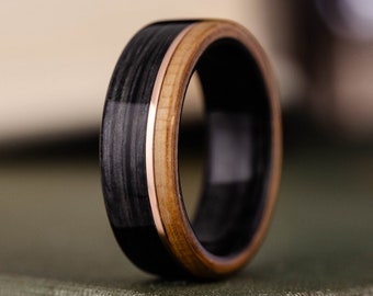 Whiskey Barrel Wood Wedding Band with Gold Inlay - The Highball Wooden Men's Ring - Rustic and Main