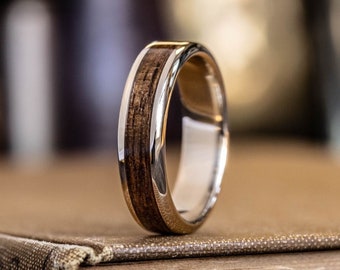 Men's Gold Wedding Band with Battleship Teak Wood Inlay - The USS New Jersey in Gold - Rustic and Main