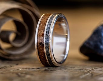 Men's Gold Meteorite Wedding Band with USS North Carolina Battleship Teak Wood - The Expedition - Rustic and Main