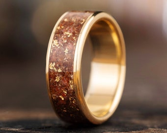 Authentic Fossilized Dinosaur Bone and Gold Ring with Gold Flakes - Handmade Wedding Band - Rustic and Main