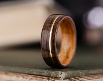 Men's USS New Jersey Battleship Teak Wood Wedding Band with Whiskey Barrel Wood & Offset Metal Inlay - The USS New Jersey - Bentwood Ring