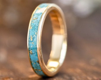Women's Solid Gold and Turquoise Ring with Gold Flakes - The Phoenix - Rustic and Main