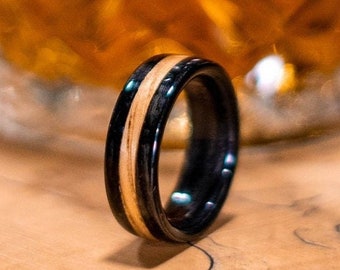 Weathered Whiskey Barrel with Natural Whiskey Barrel Center Inlay Men's Wood Wedding Band - The Whiskey Double - Rustic and Main