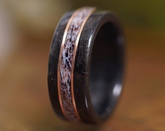 Whiskey Barrel & Antler Wood Wedding Band - The Frontiersman Elk Antler and Wood Ring - Rustic and Main