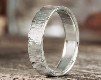 Tree Bark Textured 14k White Gold Men's Wedding Band - The Alder - Rustic and Main