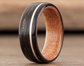 Herren Whisky Fass Holz & Schwarzkirschbaum Holz Ring mit Offset-Metall-Liner - Der altmodische Ehering - Rustikal und Main