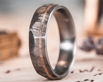 Titanium Ring Engraved, Hammered, Titanium, Brass Inlay, Titanium Ring Personalized, Engagement Ring, Men's Wedding Ring, Single Inlay
