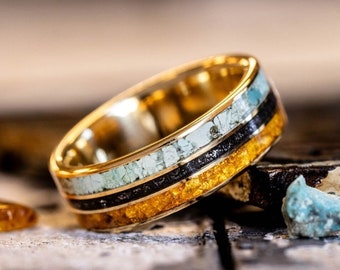 Men's Gold Wedding Band with Meteorite Dust, Turquoise, and Fossilized Amber - The Cascade - Rustic and Main