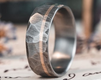 Hammered Titanium Ring with Optional Gold Inlay - The Apollo Faceted Wedding Band - Rustic and Main