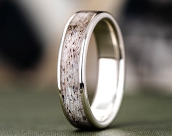 Men's Sterling Silver Antler Wedding Band with Wide Channel Elk Antler - The Marksman - Rustic and Main