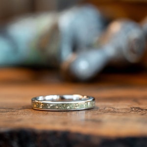 Peridot and Recycled Gold Ring for Women - The Aurora Womens Wedding Band with Silver and Gold Flakes - Rustic and Main