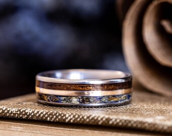 Men's Titanium Floral Wedding Band with Lavender, USS North Carolina Battleship Teak Wood and Metal Inlay - The Reunion - Rustic and Main