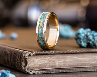 Men's Solid Gold and Turquoise Ring with Gold Flakes - Unique Wedding Band - The Phoenix - Rustic and Main