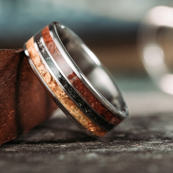 Meteorite, Fossilized Amber, Dinosaur Bone Ring - The Jurassic Titanium Wedding Band - Rustic and Main